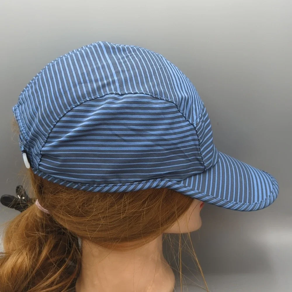 Brooks 5 Panel Hat Cap Strapback OSFA Blue Stripe Running Lightweight Adjustable